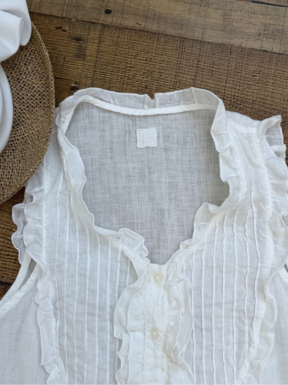 White Ruffle-Trim Sleeveless Button Front Blouse by 120% LINO - Picture 4 of 8